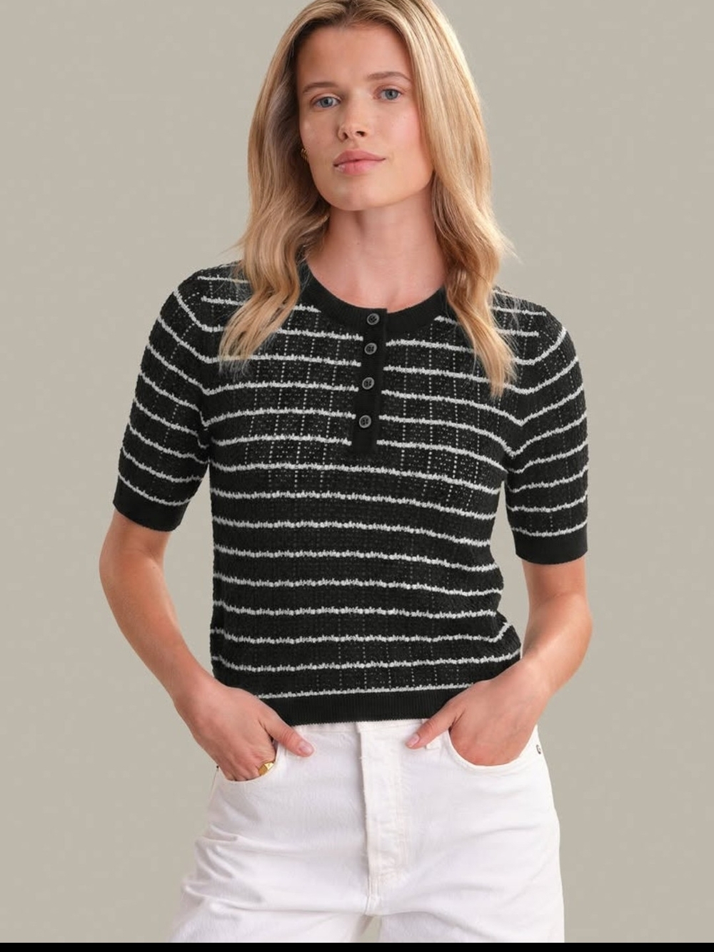 525 America Black & White Striped Henley Short-Sleeve Knit Top
